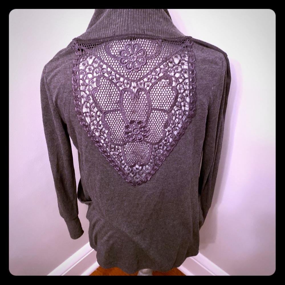 Grey detailed long length cardigan.